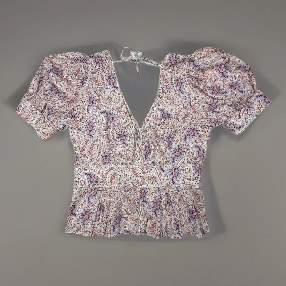 J.Crew Re‑Imagined floral puff sleeve peplum blouse V‑neck tie back XS/S